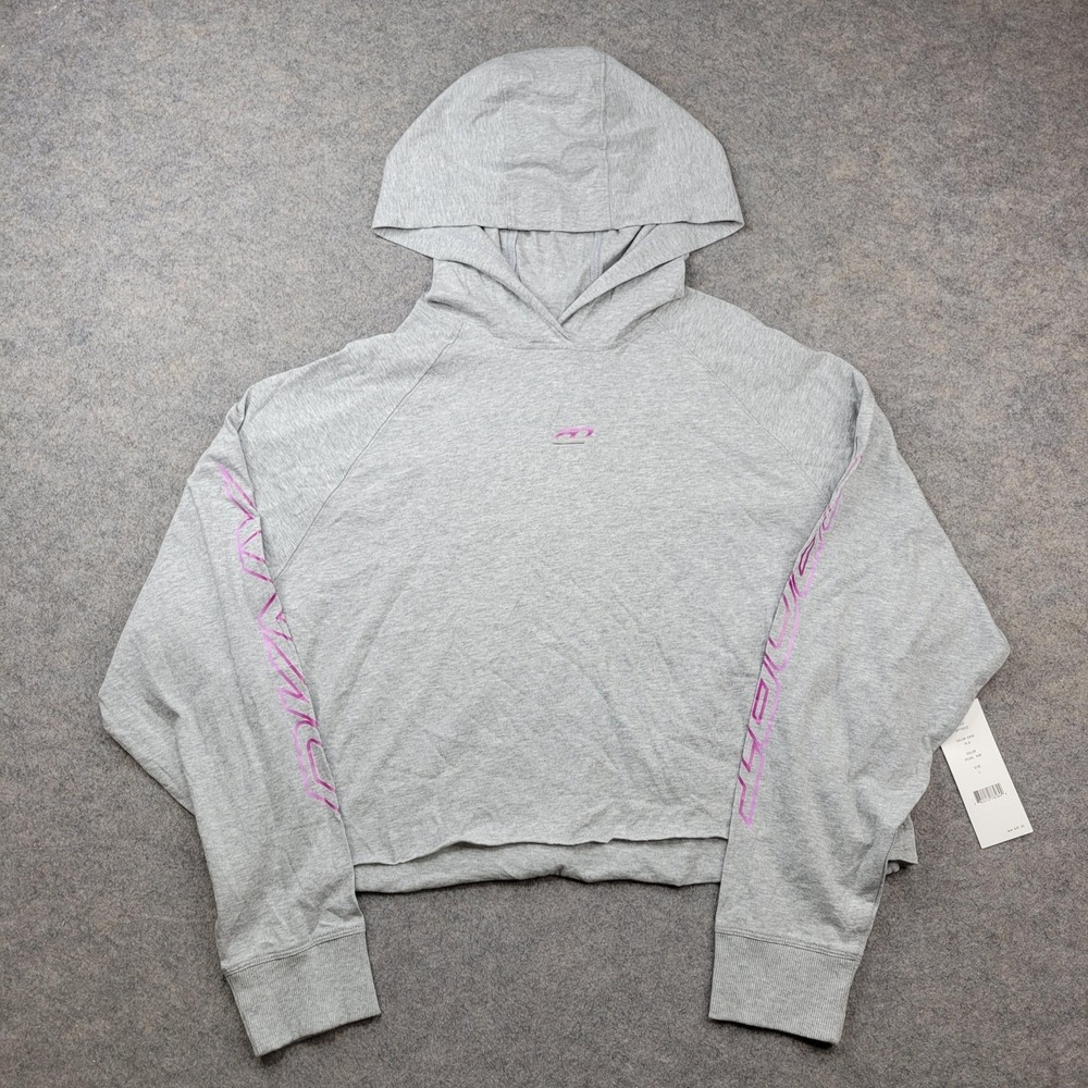 DKNY Sport Hoodie Womens Large Gray Cropped Lightweight Graphic Print Sleeve